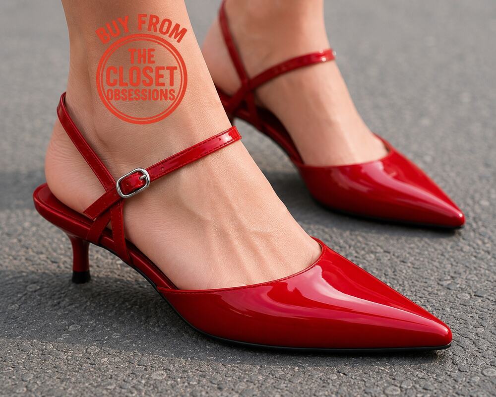 Zara NWT Red Patent Pointed Toe Slingback Kitten Heels 7.5